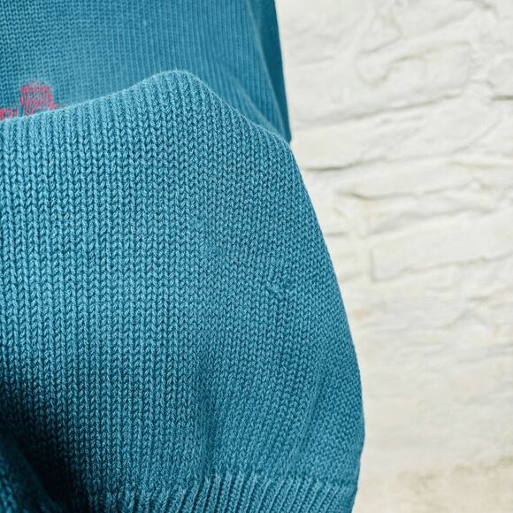 Structure Ramie Cotton Crewneck Sweater Embroidered Logo Turquoise Vintage 90's - Picture 4 of 6